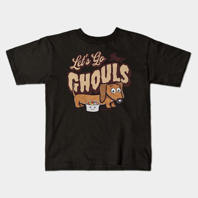 Funny and cute Ghouls with Doxie dachshund dog with fur baby and candy Kids T-Shirt by Danny Gordon Art